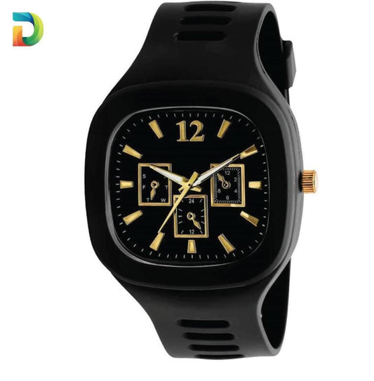 Men’s Black Silicone Analog Watch with Gold Accents – Stylish Casual Wrist Watch for Everyday & Formal Wear
