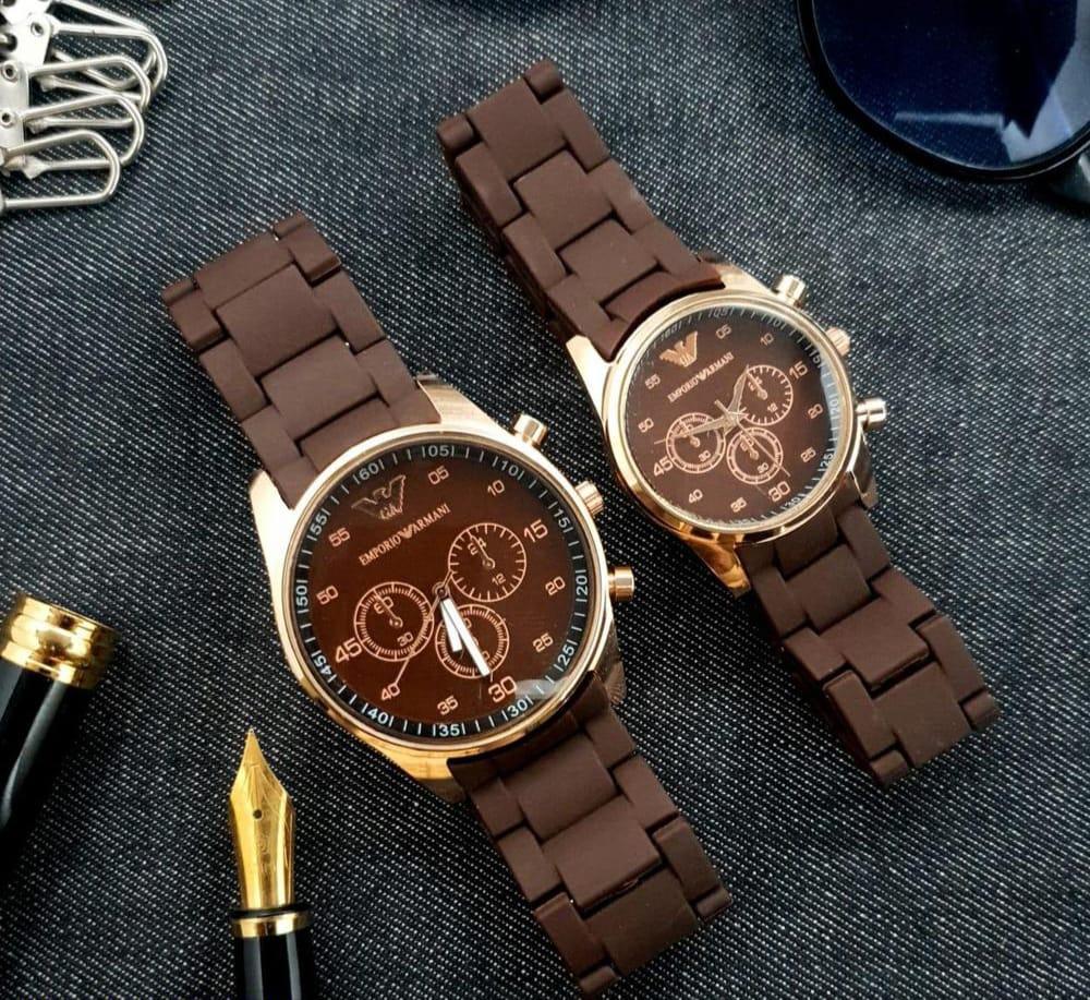Brown Chronograph Couple Watches with Silicone Strap – Stylish Matching His & Her Wrist Watches