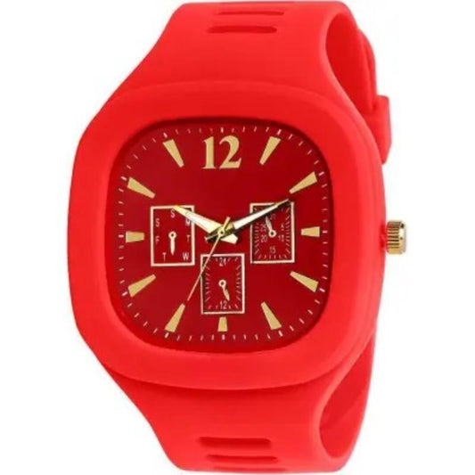 Red Silicone Men’s Analog Watch with Gold Accents – Stylish Casual Wrist Watch for Everyday Wear