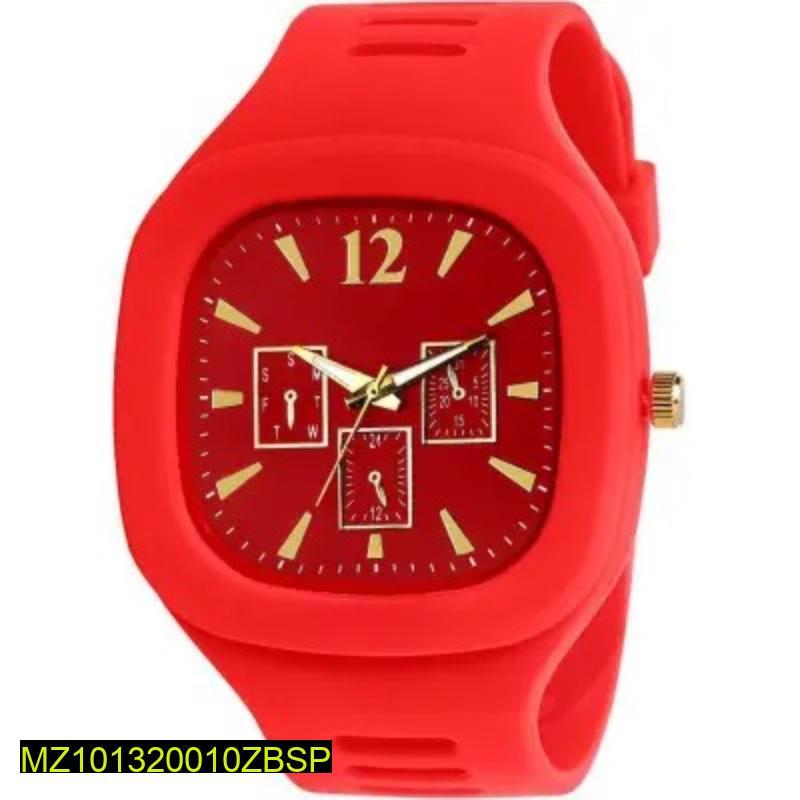 Red Silicone Men’s Analog Watch with Gold Accents – Stylish Casual Wrist Watch for Everyday Wear