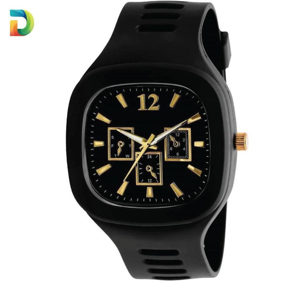 Men’s Black Silicone Analog Watch with Gold Accents – Stylish Casual Wrist Watch for Everyday & Formal Wear
