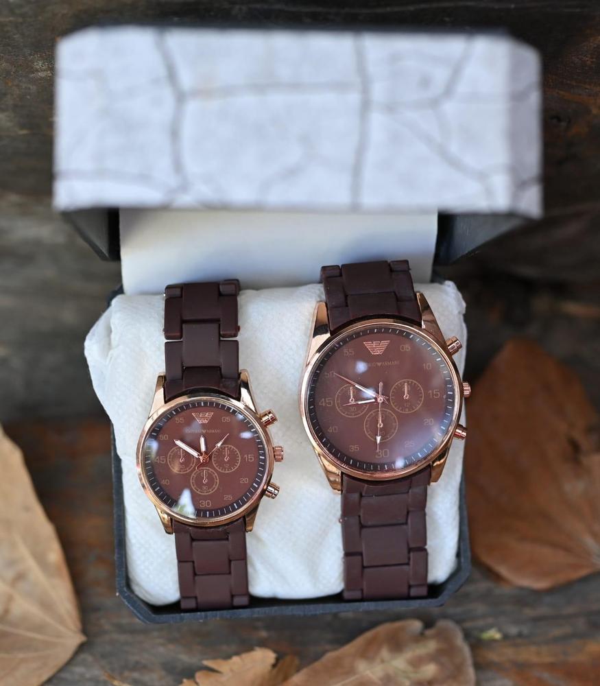 Brown Chronograph Couple Watches with Silicone Strap – Stylish Matching His & Her Wrist Watches