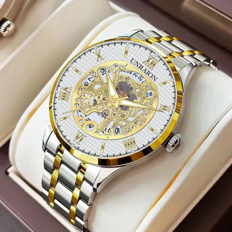 Unraion Skeleton Watch Stainless Steel with Gold Accents – Luxury Automatic Style Men’s Wrist Watch