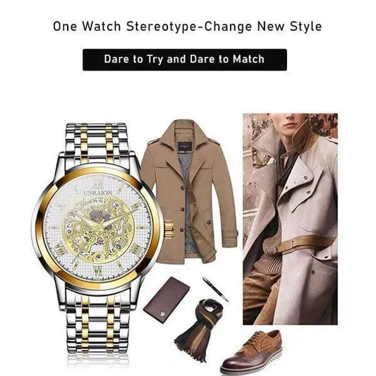 Unraion Skeleton Watch Stainless Steel with Gold Accents – Luxury Automatic Style Men’s Wrist Watch