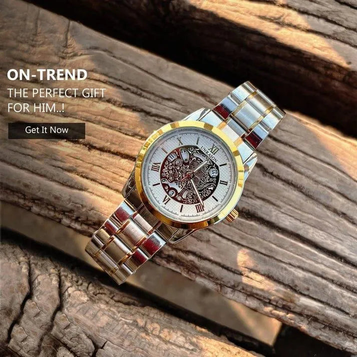 Unraion Skeleton Watch Stainless Steel with Gold Accents – Luxury Automatic Style Men’s Wrist Watch