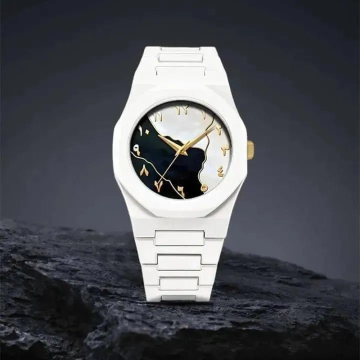 Men’s Carbon Fiber Marble Dial Watch – White Gold Analog Wrist Watch with Premium Chain Strap