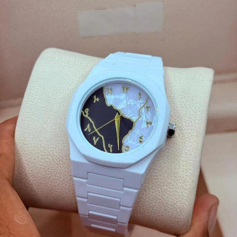 Men’s Carbon Fiber Marble Dial Watch – White Gold Analog Wrist Watch with Premium Chain Strap