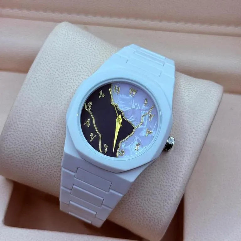 Men’s Carbon Fiber Marble Dial Watch – White Gold Analog Wrist Watch with Premium Chain Strap