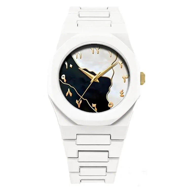 Men’s Carbon Fiber Marble Dial Watch – White Gold Analog Wrist Watch with Premium Chain Strap