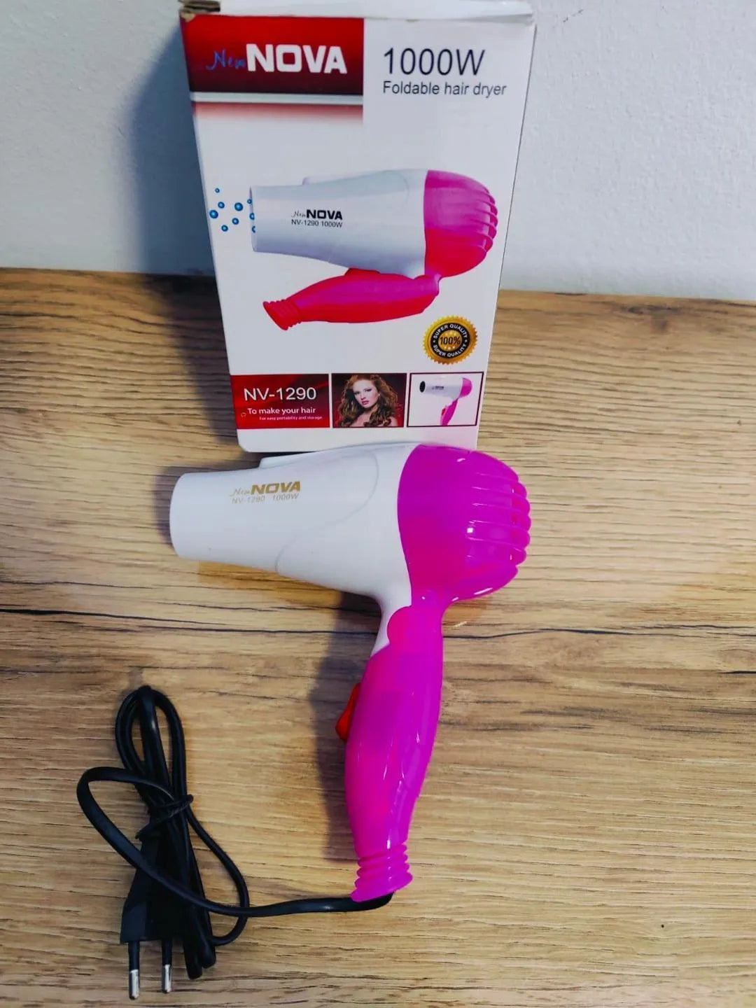 Nova 1000W Foldable Hair Dryer – Pink & White Portable Hair Dryer with Hot & Cold Air for Travel & Home Use