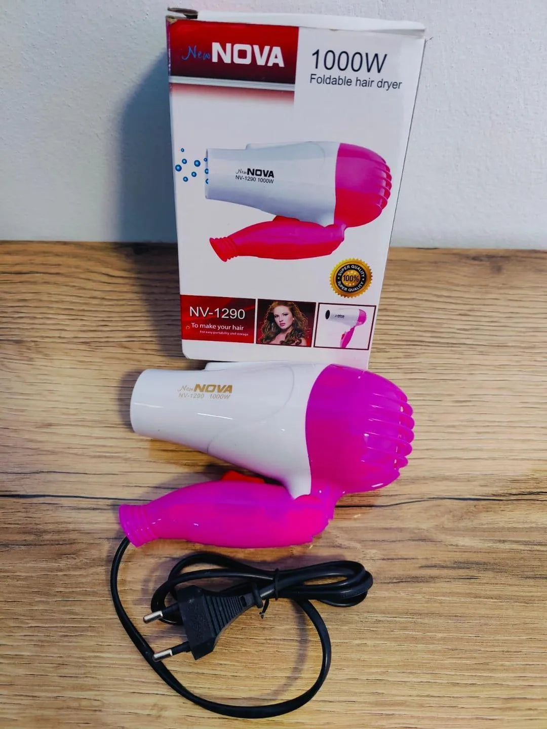 Nova 1000W Foldable Hair Dryer – Pink & White Portable Hair Dryer with Hot & Cold Air for Travel & Home Use
