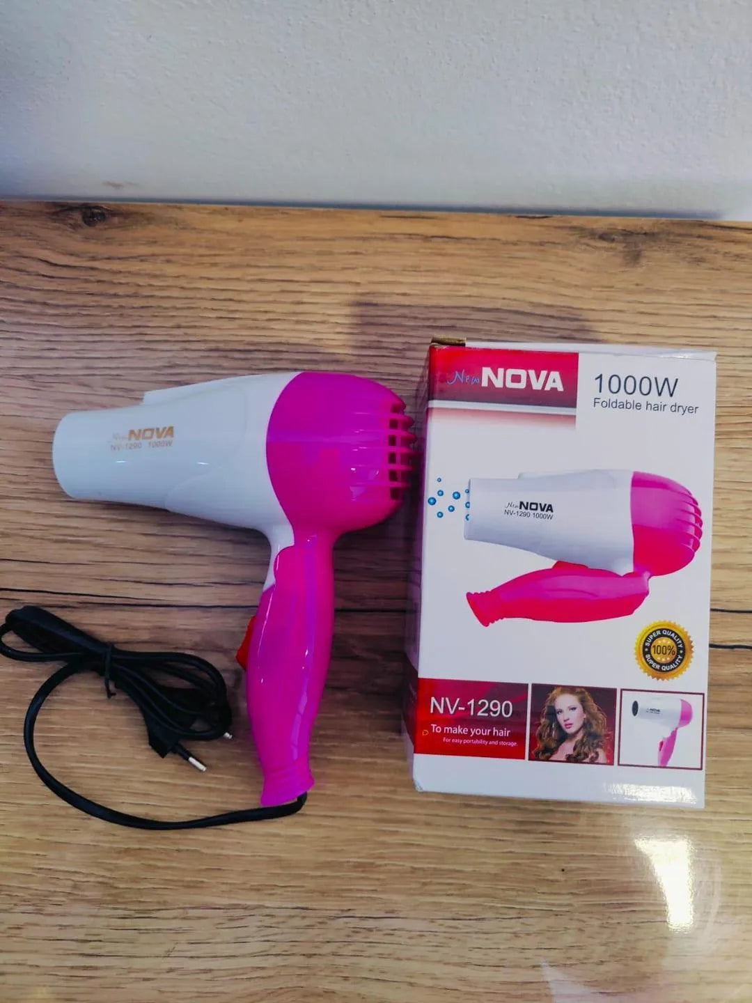 Nova 1000W Foldable Hair Dryer – Pink & White Portable Hair Dryer with Hot & Cold Air for Travel & Home Use