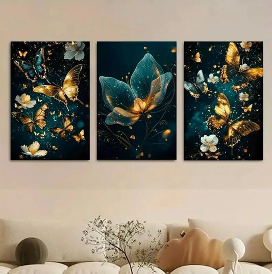 3-Piece Floral Wall Art Set – Green MDF Frame Modern Wall Decor for Living Room, Bedroom & Office