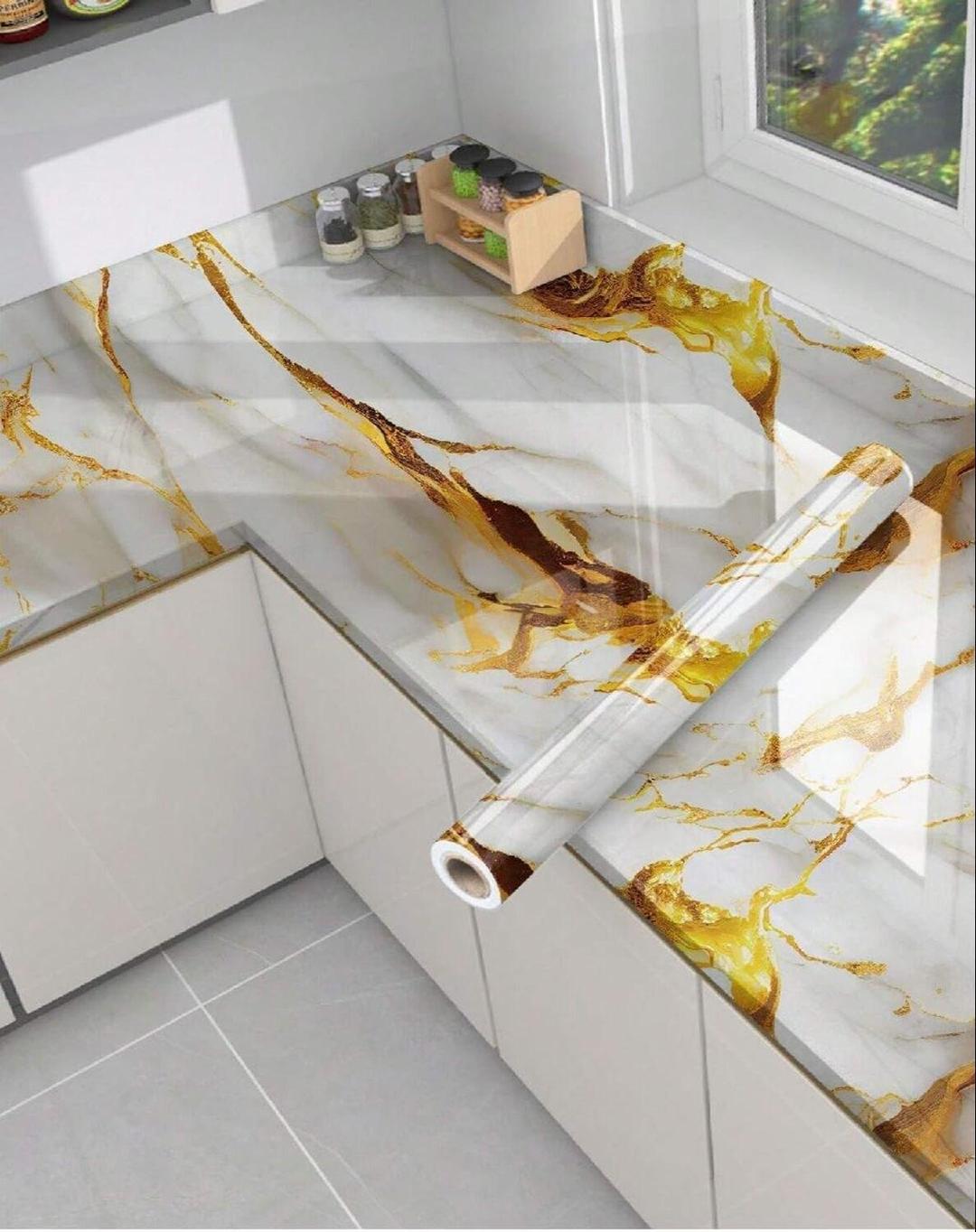 Self Adhesive Gold Marble Foil Roll for Kitchen & Furniture – Waterproof Decorative Sticker Sheet