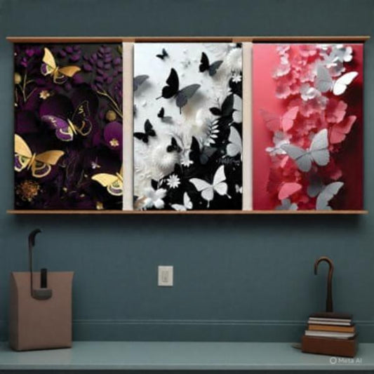 Butterfly Wall Art Set (3 Pcs) – Multicolor Abstract Wall Decor for Living Room, Bedroom & Home Decoration