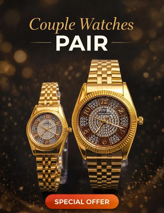 Couple Watches Pair – Golden Stainless Steel Analog Watches for Men & Women, Matching His & Hers Set