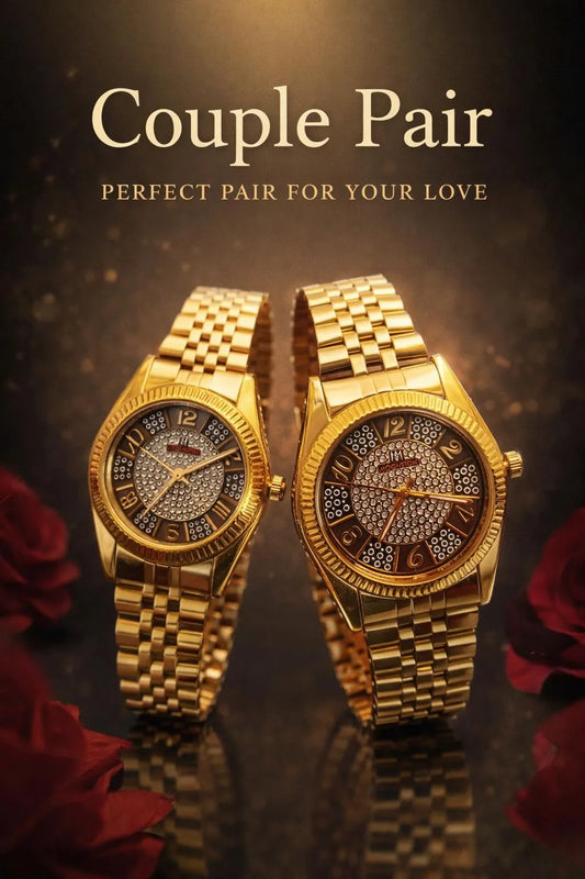 Couple Watches Pair – Golden Stainless Steel Analog Watches for Men & Women, Matching His & Hers Set