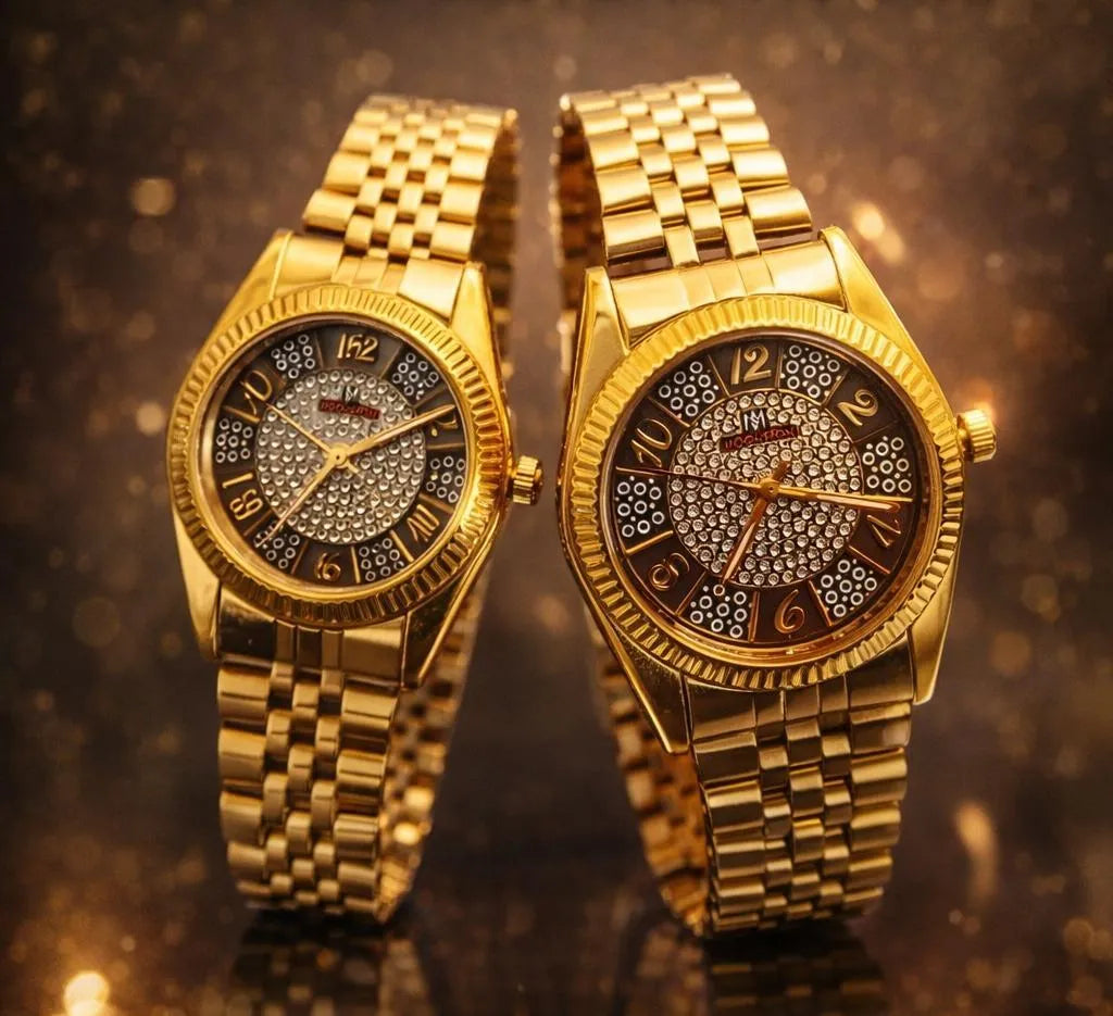 Couple Watches Pair – Golden Stainless Steel Analog Watches for Men & Women, Matching His & Hers Set