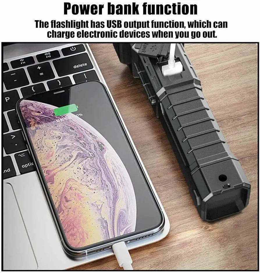 Rechargeable LED Search Light with Power Bank – High Power Torch Flashlight (Black) for Outdoor, Emergency & Camping