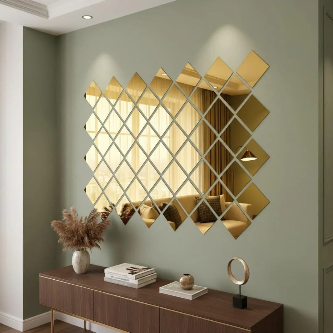 12 Pcs Acrylic Mirror Wall Decor Golden Silver Square Design – Self Adhesive Decorative Mirror Stickers