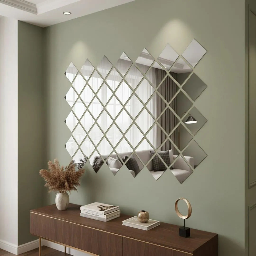 12 Pcs Acrylic Mirror Wall Decor Golden Silver Square Design – Self Adhesive Decorative Mirror Stickers
