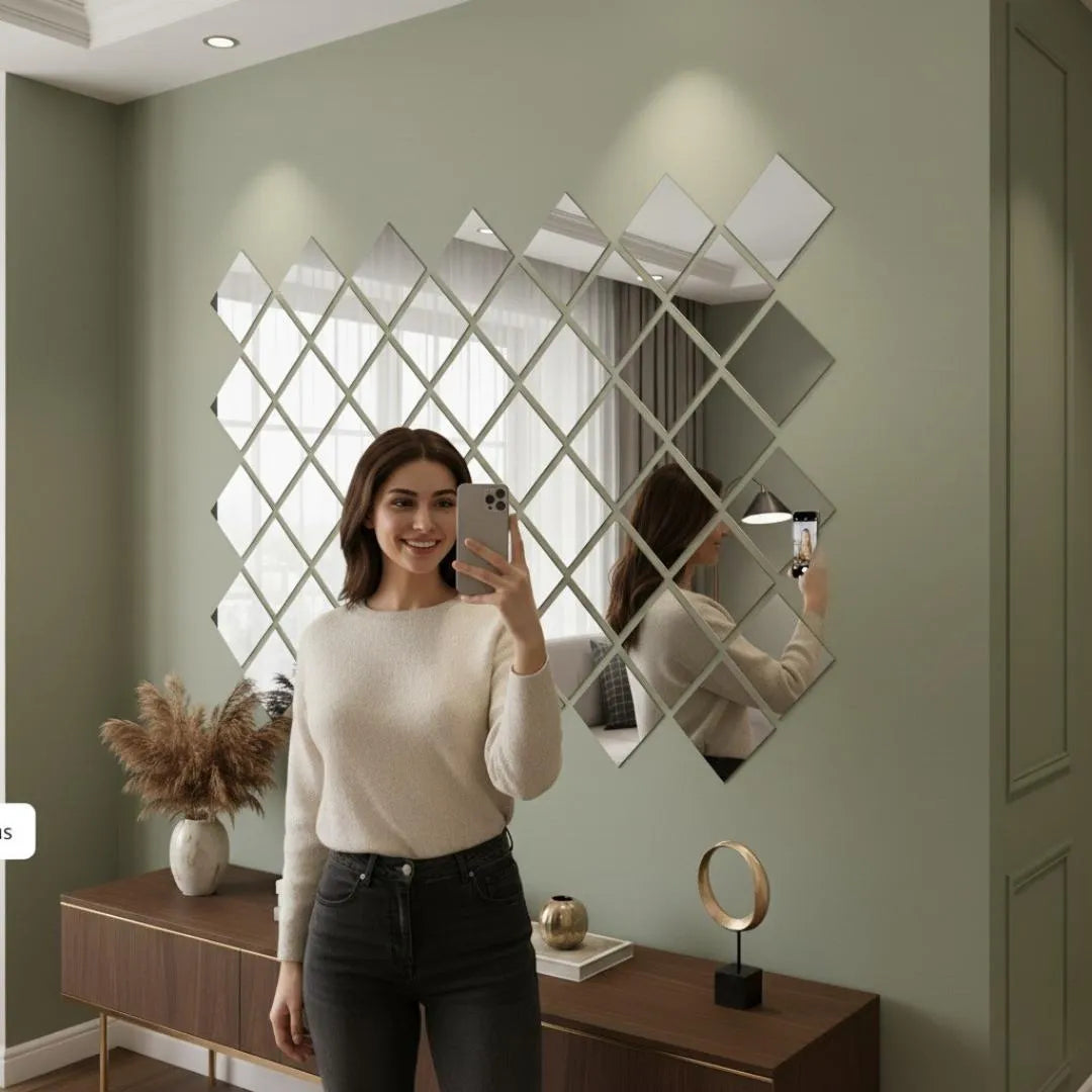 12 Pcs Acrylic Mirror Wall Decor Golden Silver Square Design – Self Adhesive Decorative Mirror Stickers