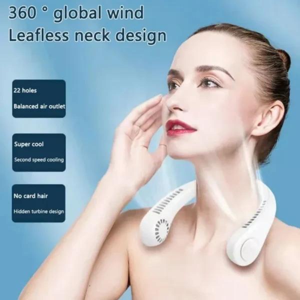 Mini Neck Fan Portable Fast Charging White – Rechargeable Bladeless Wearable Fan with 3-Speed Cooling, Lightweight USB Neck Fan for Travel, Outdoor & Office Use
