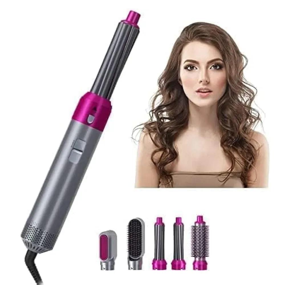 5 in 1 Hair Curler & Straightener – Pink Lightweight Multi Styler Hair Tool for Curling, Straightening & Volumizing