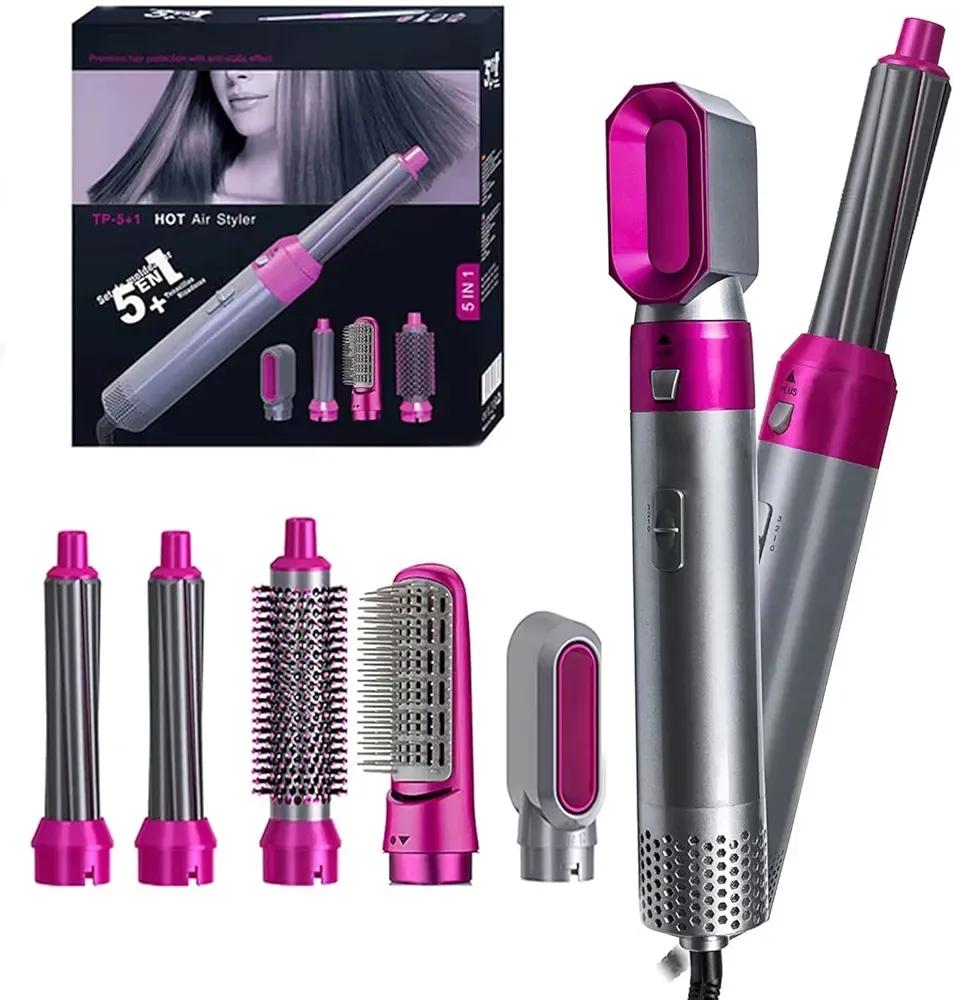 5 in 1 Hair Curler & Straightener – Pink Lightweight Multi Styler Hair Tool for Curling, Straightening & Volumizing